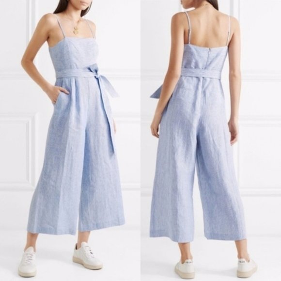 J. Crew Pants - J. Crew Petite Linen Striped Jumpsuit Sleeveless Wide Leg Pinstripe Blue White 2